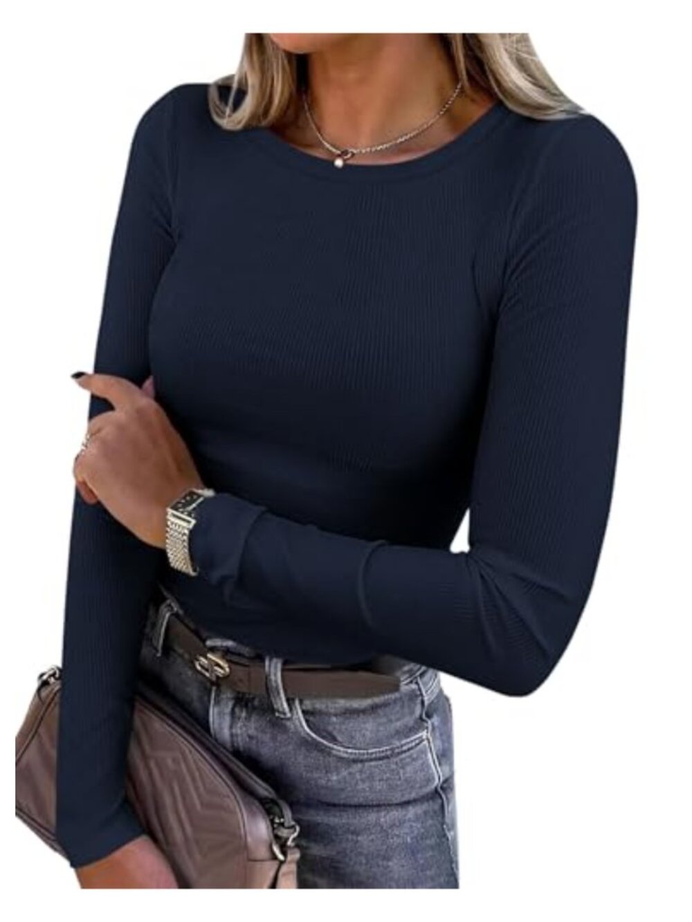 Ribbed Knit Long Sleeve Crew Neck Slim Fit T-Shirt